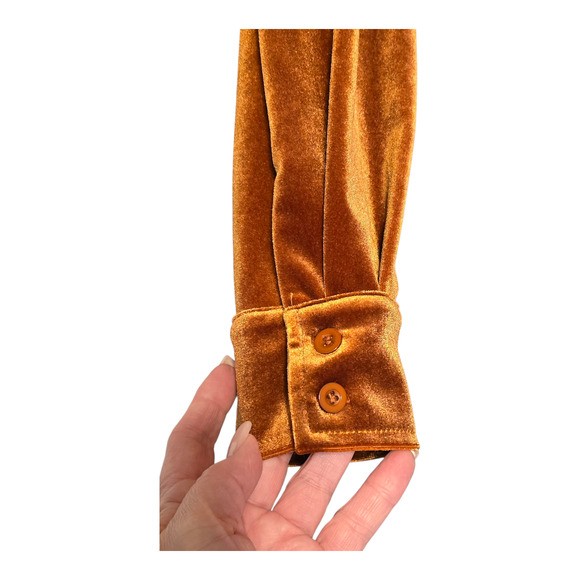 Retro Womens Burnt Orange Velvet Button Up Shirt Size 2XL Long Sleeve Grunge - Picture 6 of 9